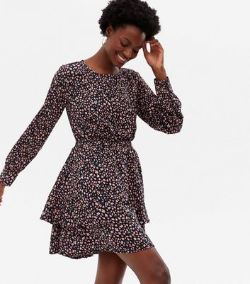 Khaki Leopard Print Layered Mini Dress ...